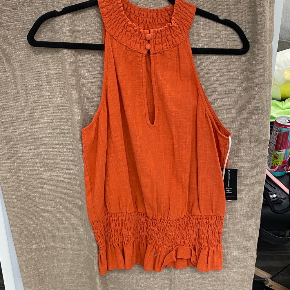 INC International Concepts Orange Smocked Neck Sleeveless Tank